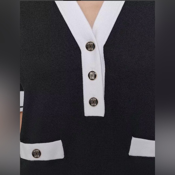 Karl Lagerfeld Women’s Short Sleeve Tipped Polo Sweater Monochrome Knit Collar M - Picture 5 of 9